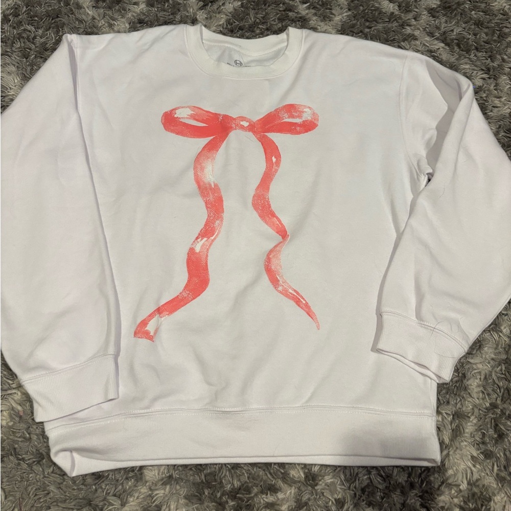 Women's White Crew Neck Sweatshirt with Pink Bow Design. NWOT Medium